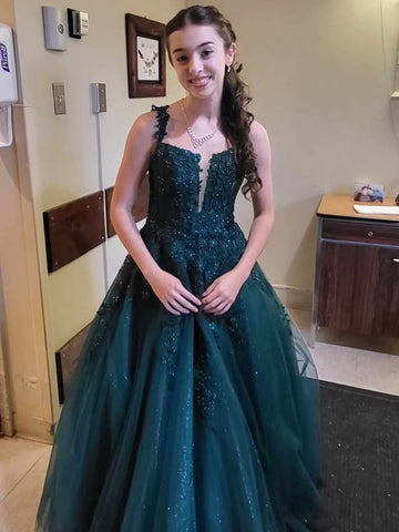 A Line V Neck Beaded Dark Green Lace Long Prom Dresses, Dark Green Tulle Formal Graduation Evening Dresses SP3366