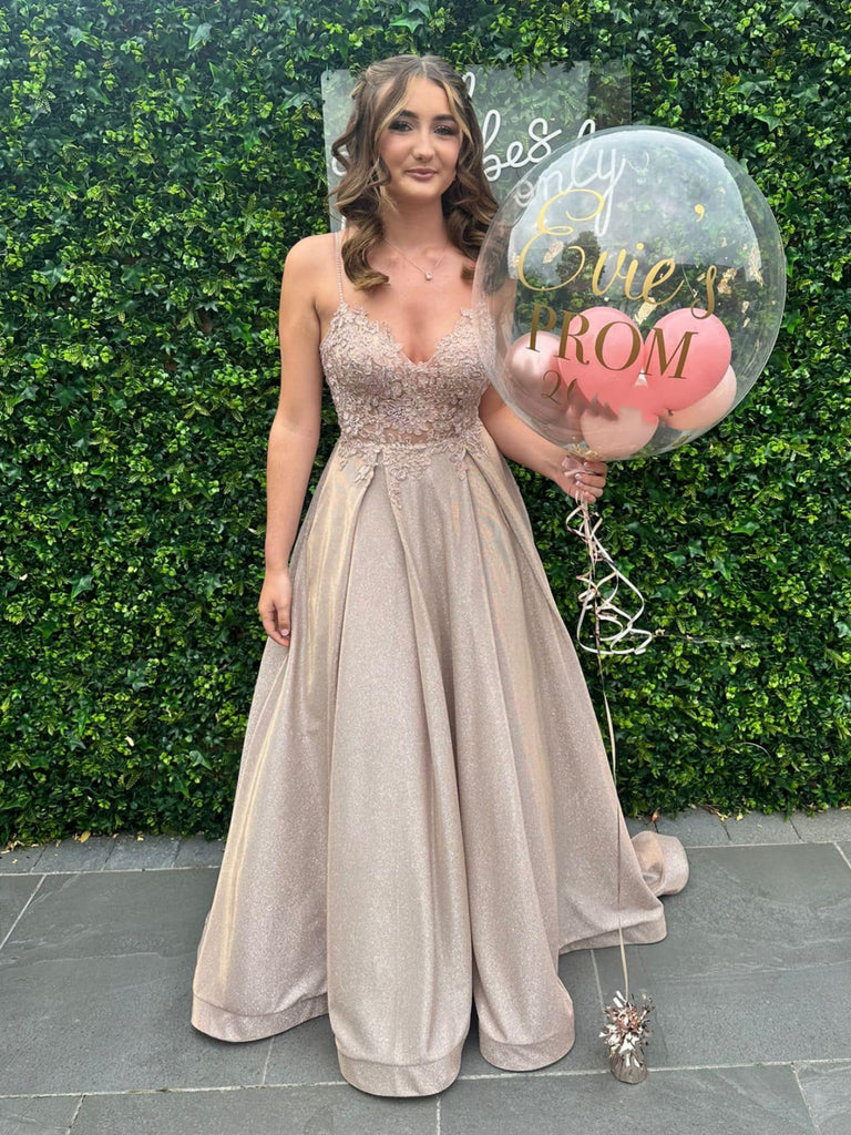 A Line V Neck Beige Lace Long Prom Dresses, Beige Lace Formal Graduation Evening Dresses SP3413