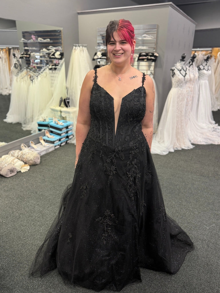 A Line V Neck Black Lace Long Prom Dresses, Black Lace Formal Dresses, Black Evening Dresses SP3465