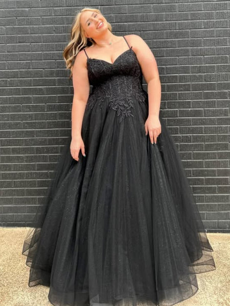 A Line V Neck Black Lace Long Prom Dresses, Black Lace Formal Graduation Evening Dresses SP3111