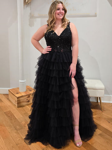 A Line V Neck Black Lace Long Prom Dresses with Ruffle Tulle, Black Lace Formal Graduation Evening Dresses SP3064