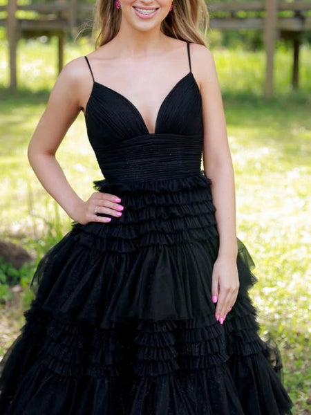 A Line V Neck Black Tulle Long Prom Dresses, Layered Black Formal Graduation Evening Dresses SP3086