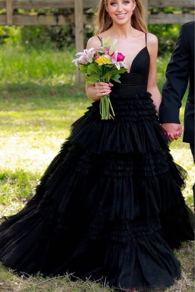 A Line V Neck Black Tulle Long Prom Dresses, Layered Black Formal Graduation Evening Dresses SP3086