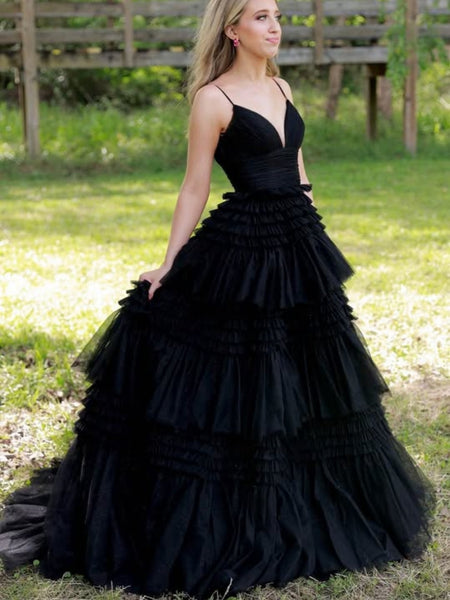 A Line V Neck Black Tulle Long Prom Dresses, Layered Black Formal Graduation Evening Dresses SP3086