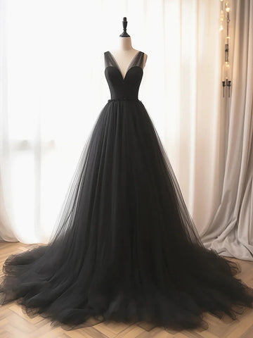 A Line V Neck Black Tulle Long Prom Dresses, Long Black Formal Graduation Evening Dresses SP2917