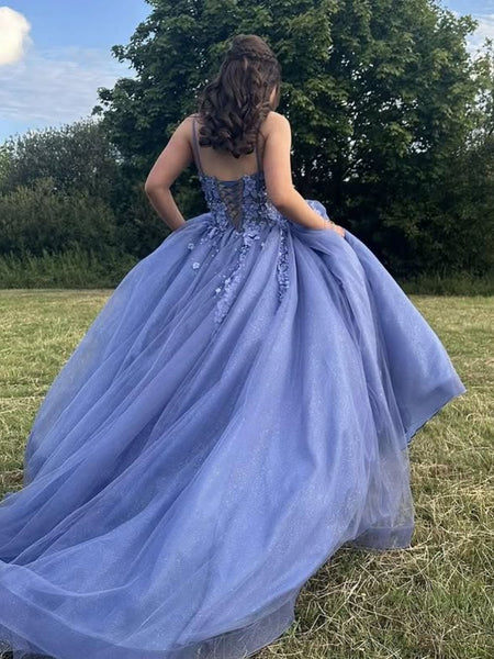 A Line V Neck Blue Lace Long Prom Dresses, Blue Lace Formal Dresses, Blue Evening Dresses SP3359
