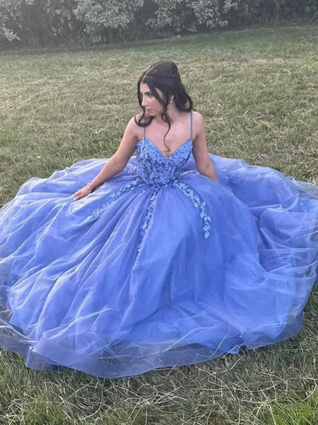 A Line V Neck Blue Lace Long Prom Dresses, Blue Lace Formal Dresses, Blue Evening Dresses SP3359