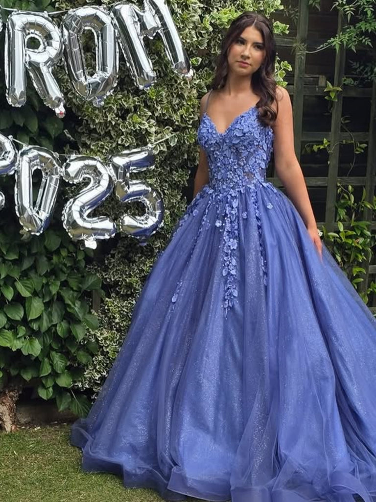 A Line V Neck Blue Lace Long Prom Dresses, Blue Lace Formal Dresses, Blue Evening Dresses SP3359