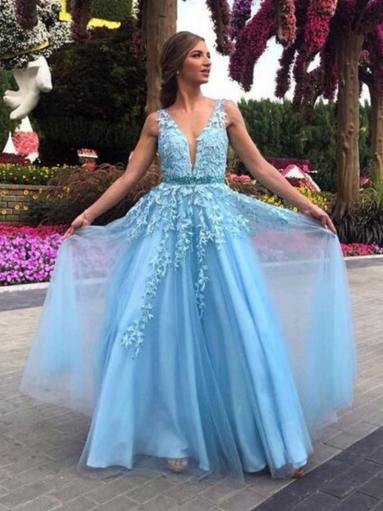 A Line V Neck Blue Lace Long Prom Dresses with Belt, Blue Lace Formal Graduation Evening Dresses SP2853