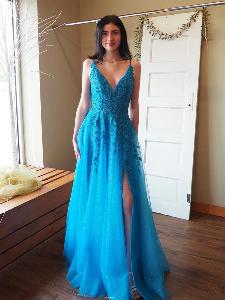 A Line V Neck Open Back Blue Lace Long Prom Dresses with High Slit, Bl Shiny Party A Line V Neck Open Back Blue Lace Long Prom Dresses with High Slit, Bl Shiny Party