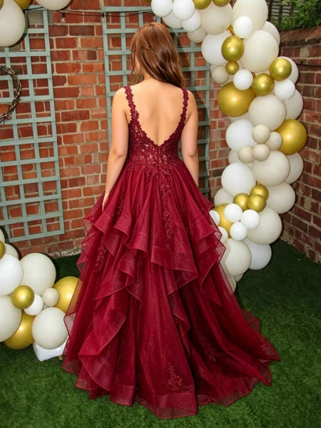 A Line V Neck Burgundy Lace Long Prom Dresses, Burgundy Lace Formal Dresses, Burgundy Tulle Evening Dresses SP3498