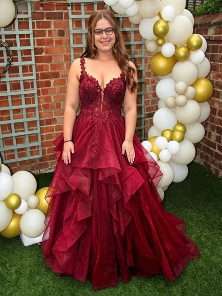 A Line V Neck Burgundy Lace Long Prom Dresses, Burgundy Lace Formal Dresses, Burgundy Tulle Evening Dresses SP3498