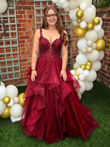 A Line V Neck Burgundy Lace Long Prom Dresses, Burgundy Lace Formal Dresses, Burgundy Tulle Evening Dresses SP3498