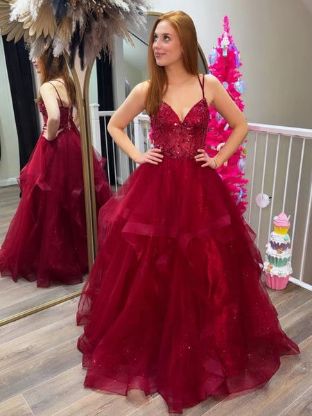 A Line V Neck Burgundy Lace Long Prom Dresses, Burgundy Tulle Formal Dresses, Burgundy Evening Dresses SP3352