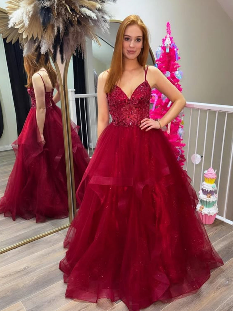 A Line V Neck Burgundy Lace Long Prom Dresses, Burgundy Tulle Formal Dresses, Burgundy Evening Dresses SP3352