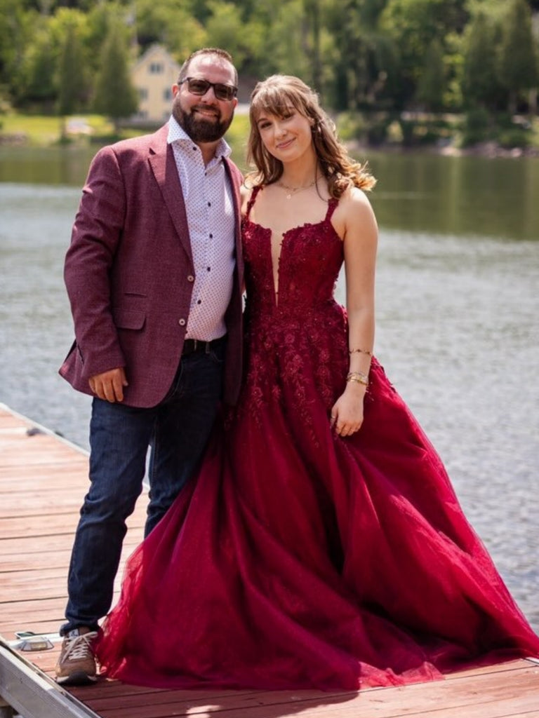 A Line V Neck Burgundy Lace Long Prom Dresses, Wine Red Lace Formal Dresses, Burgundy Evening Dresses SP3136 A Line V Neck Burgundy Lace Long Prom Dresses, Wine Red Lace Formal Dresses, Burgundy Evening Dresses SP3136