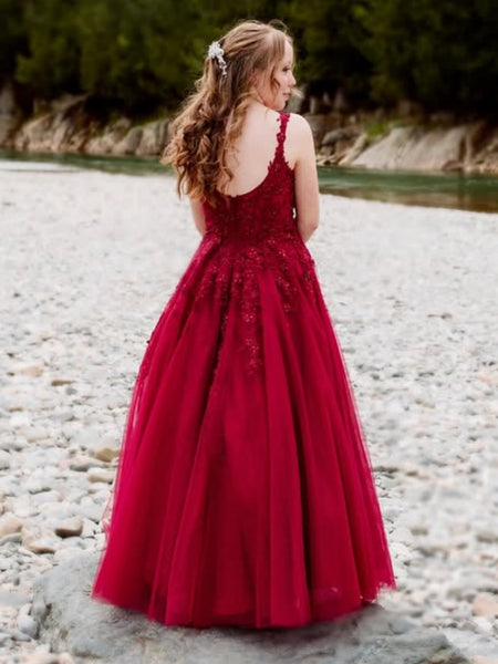 A Line V Neck Burgundy Lace Long Prom Dresses, Wine Red Lace Formal Dresses, Burgundy Evening Dresses SP3110