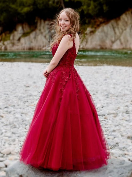 A Line V Neck Burgundy Lace Long Prom Dresses, Wine Red Lace Formal Dresses, Burgundy Evening Dresses SP3110