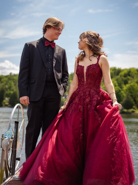 A Line V Neck Burgundy Lace Long Prom Dresses, Wine Red Lace Formal Dresses, Burgundy Evening Dresses SP3136