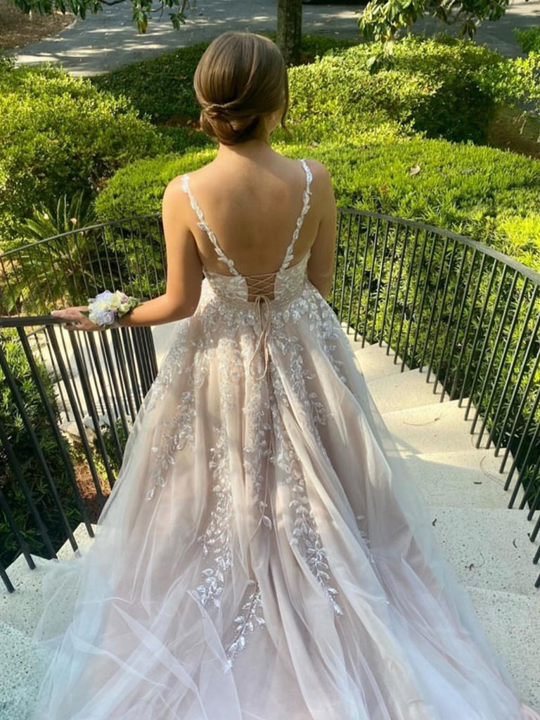 A Line V Neck Champagne Lace Long Prom Dresses with Belt, Champagne La Shiny Party A Line V Neck Champagne Lace Long Prom Dresses with Belt, Champagne La Shiny Party
