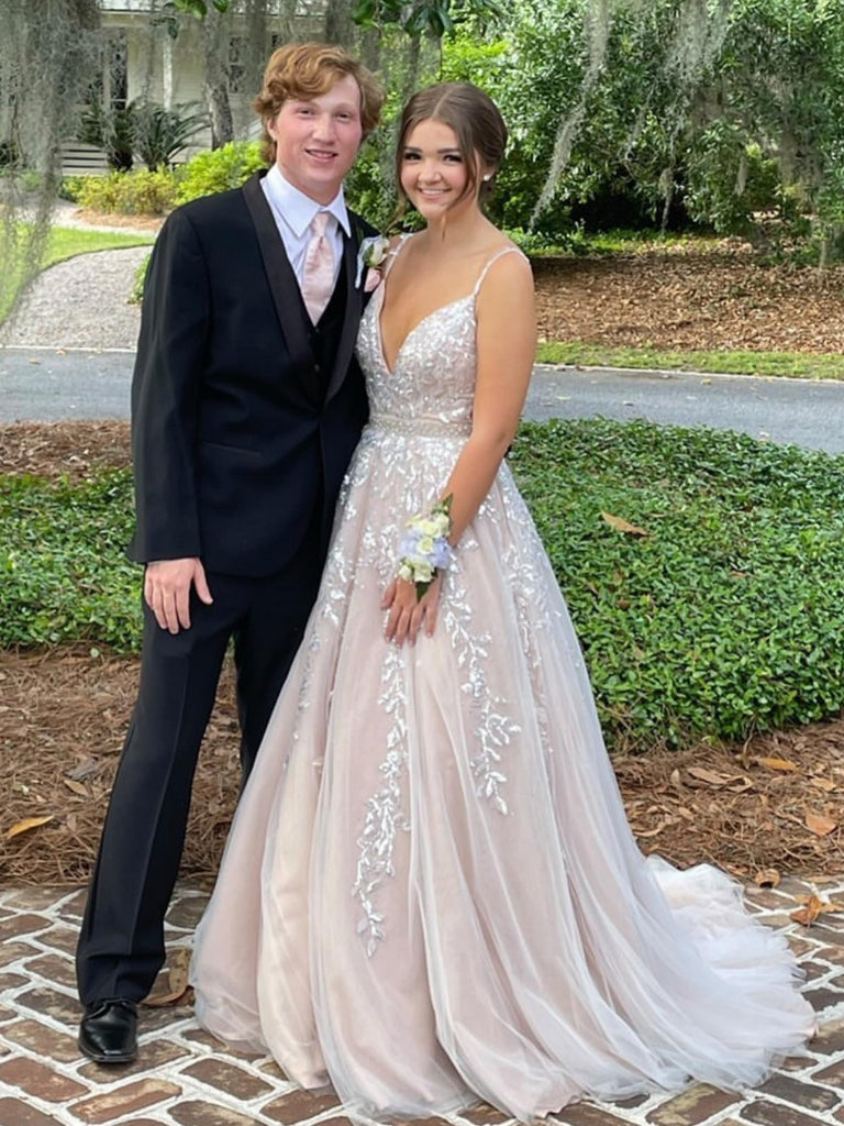 A Line V Neck Champagne Lace Long Prom Dresses with Belt, Champagne La Shiny Party A Line V Neck Champagne Lace Long Prom Dresses with Belt, Champagne La Shiny Party