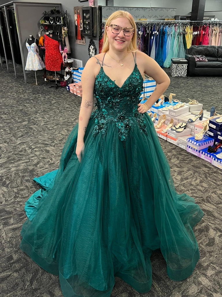 A Line V Neck Dark Green Floral Long Prom Dresses, Dark Green Tulle Formal Evening Dresses with 3D Flowers SP3314