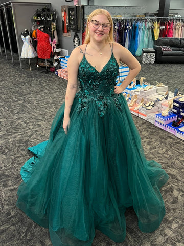 A Line V Neck Dark Green Floral Long Prom Dresses, Dark Green Tulle Formal Evening Dresses with 3D Flowers SP3314