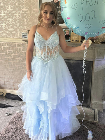 A Line V Neck Fluffy Light Blue Lace Long Prom Dresses, Light Blue Lace Formal Dresses, Lace Evening Dresses SP3060