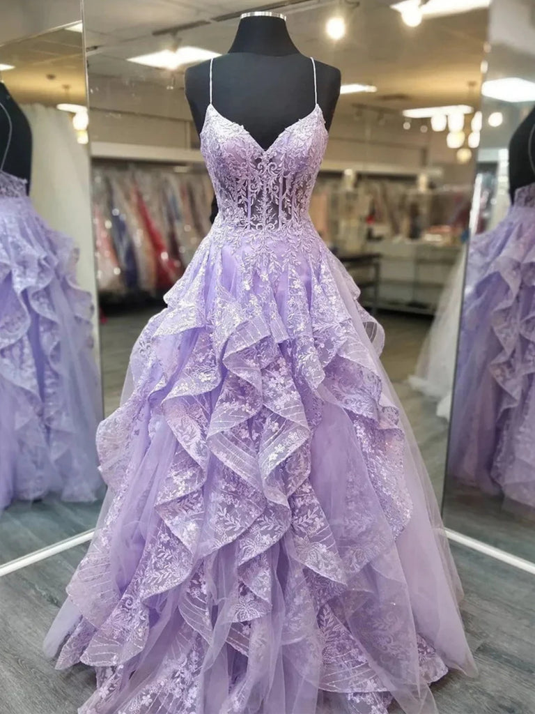 A Line V Neck Fluffy Lilac Lace Long Prom Dresses, Lilac Lace Formal Dresses, Purple Evening Dresses SP2922 A Line V Neck Fluffy Lilac Lace Long Prom Dresses, Lilac Lace Formal Dresses, Purple Evening Dresses SP2922