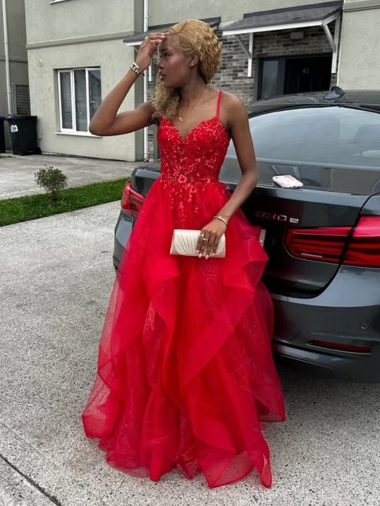 A Line V Neck Fluffy Red Lace Long Prom Dresses, Red Lace Formal Dresses, Red Evening Dresses SP3299