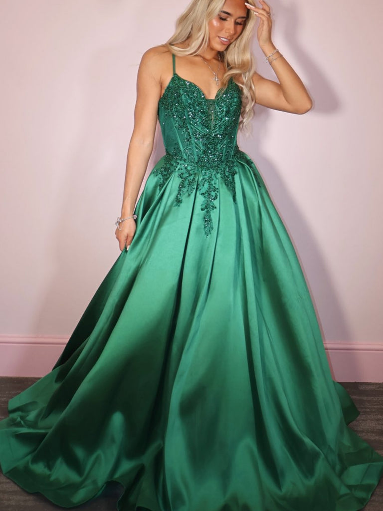 A Line V Neck Green Lace Long Prom Dresses, Green Lace Formal Dresses, Green Evening Dresses SP3445