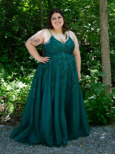 A Line V Neck Green Lace Long Prom Dresses, Green Lace Formal Dresses, Long Green Evening Dresses SP3047