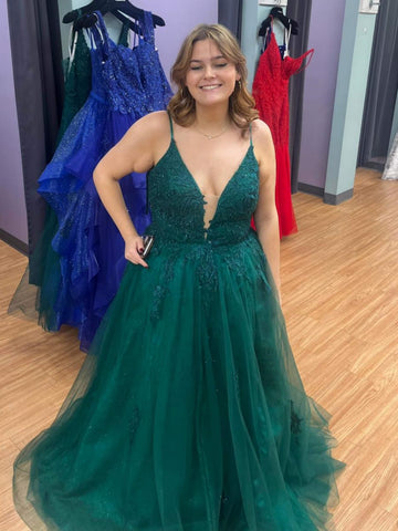 A Line V Neck Green Lace Long Prom Dresses, Green Lace Formal Graduation Evening Dresses SP3097