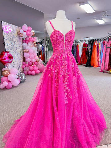 A Line V Neck Hot Pink Lace Long Prom Dresses, Hot Pink Lace Formal Dresses, Long Hot Pink Tulle Evening Dresses SP2977
