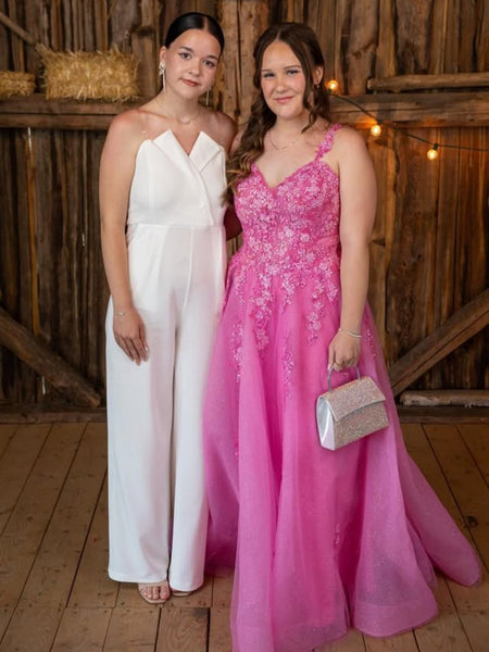 A Line V Neck Hot Pink Lace Long Prom Dresses, Hot Pink Lace Formal Graduation Evening Dresses SP3104