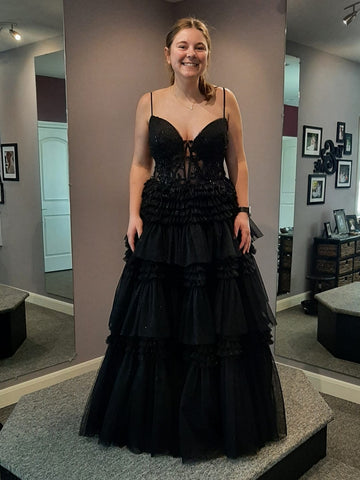 A Line V Neck Layered Black Lace Long Prom Dresses, Black Lace Formal Dresses, Black Evening Dresses SP3007