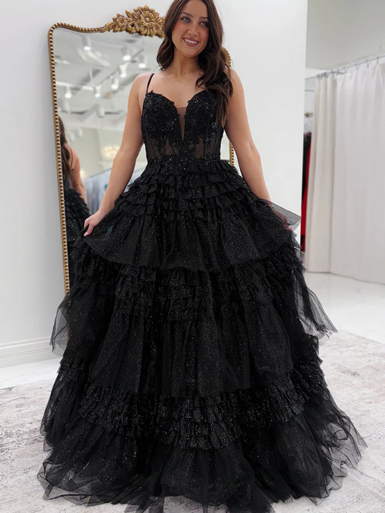 A Line V Neck Layered Black Lace Long Prom Dresses, Black Lace Formal Graduation Evening Dresses SP33278