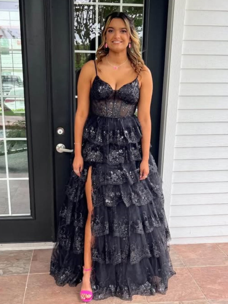 A Line V Neck Layered Black Lace Long Prom Dresses with High Slit, Bla