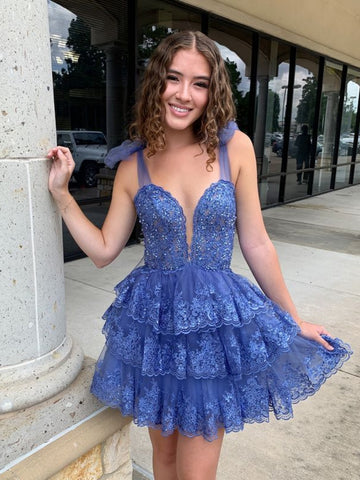 A Line V Neck Layered Blue Lace Prom Dresses, Blue Lace Homecoming Dresses, Short Blue Formal Evening Dresses SP3000