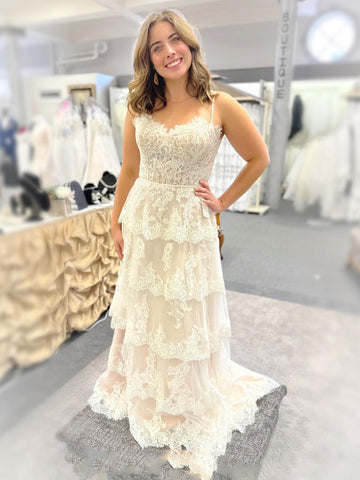 A Line V Neck Layered Champagne Lace Long Prom Dresses, Champagne Lace Formal Graduation Evening Dresses SP3288