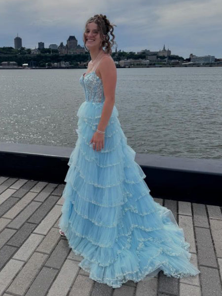 A Line V Neck Layered Light Blue Lace Long Prom Dresses with High Slit, Light Blue Lace Formal Dresses, Lace Evening Dresses SP3218