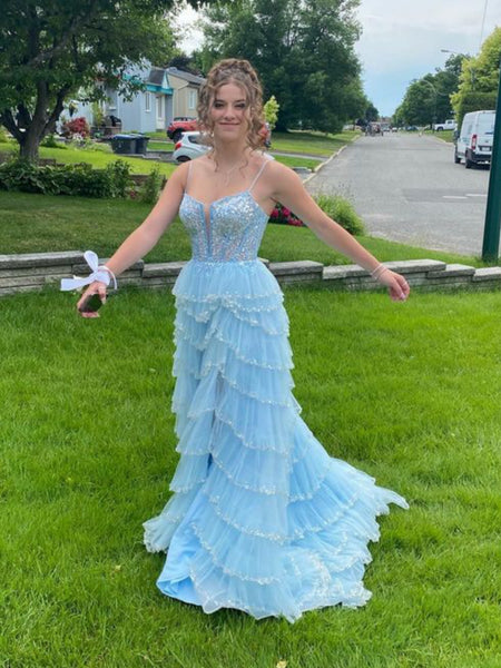 A Line V Neck Layered Light Blue Lace Long Prom Dresses with High Slit, Light Blue Lace Formal Dresses, Lace Evening Dresses SP3218