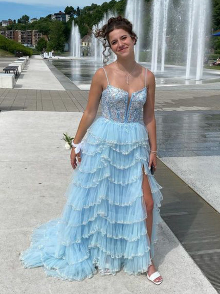 A Line V Neck Layered Light Blue Lace Long Prom Dresses with High Slit, Light Blue Lace Formal Dresses, Lace Evening Dresses SP3218