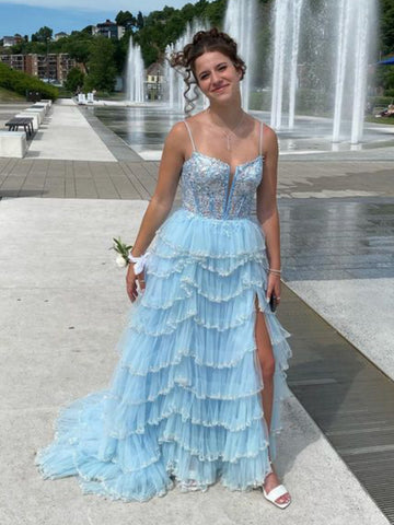 A Line V Neck Layered Light Blue Lace Long Prom Dresses with High Slit, Light Blue Lace Formal Dresses, Lace Evening Dresses SP3218