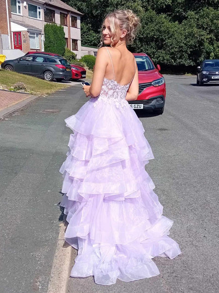 A Line V Neck Layered Lilac Lace Long Prom Dresses, Lilac Lace Formal Dresses, Lilac Evening Dresses SP3340