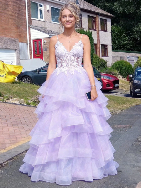 A Line V Neck Layered Lilac Lace Long Prom Dresses, Lilac Lace Formal Dresses, Lilac Evening Dresses SP3340