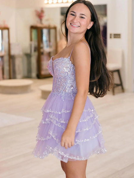 A Line V Neck Layered Lilac Lace Short Prom Dresses, Lilac Lace Homecoming Dresses, Lavender Formal Graduation Evening Dresses SP3226