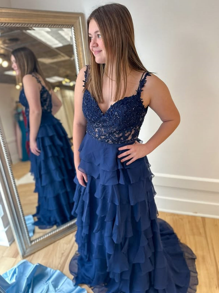 A Line V Neck Layered Navy Blue Lace Long Prom Dresses, Navy Blue Lace Shiny Party A Line V Neck Layered Navy Blue Lace Long Prom Dresses, Navy Blue Lace Shiny Party