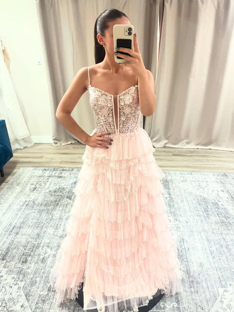 A Line V Neck Layered Pink Lace Long Prom Dresses, Pink Lace Formal Graduation Evening Dresses SP3317