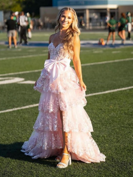 A Line V Neck Layered Pink Lace Long Prom Dresses with High Slit, Pink Lace Formal Dresses, Pink Evening Dresses with Bow SP3037